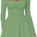 Kaximil Women's Square Neck Ruffle Hem Mini Dress Ruched Waist Long Sleeve Corset Short Party Dresses (Medium, Pea Green)