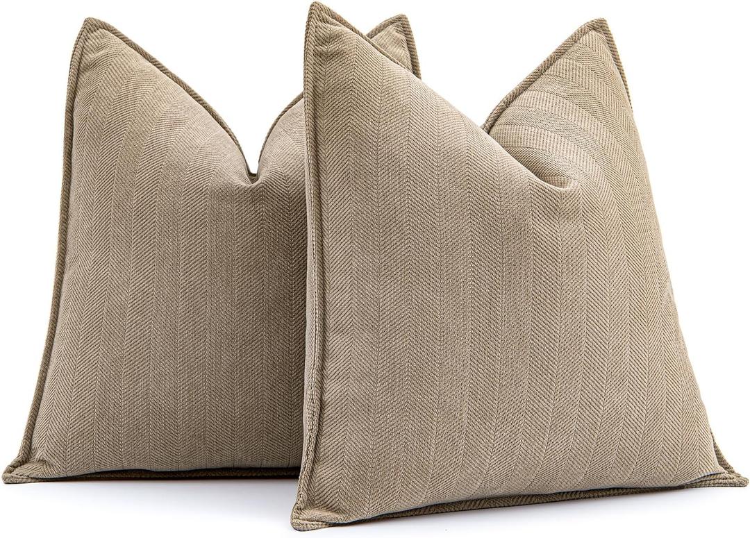 MIULEE Pack of 2 Khaki Decorative Pillow Covers 20x20 Inch Soft Chenille Luxurious Couch Throw Pillows Farmhouse Cushion Covers with Elegant Design for Sofa Bedroom Living Room Home Decor
