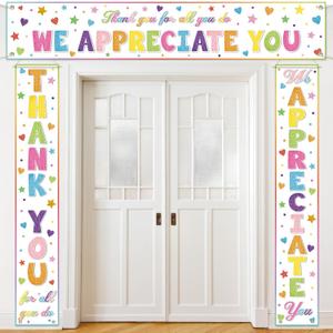 Tingjoo 3 Pcs Teacher Appreciation Banner We Appreciate You Door Porch Decor for Nurse CNA Employee Volunteer Staff Coworker Thank You Party Backdrop Supply(Glitter,Colorful)