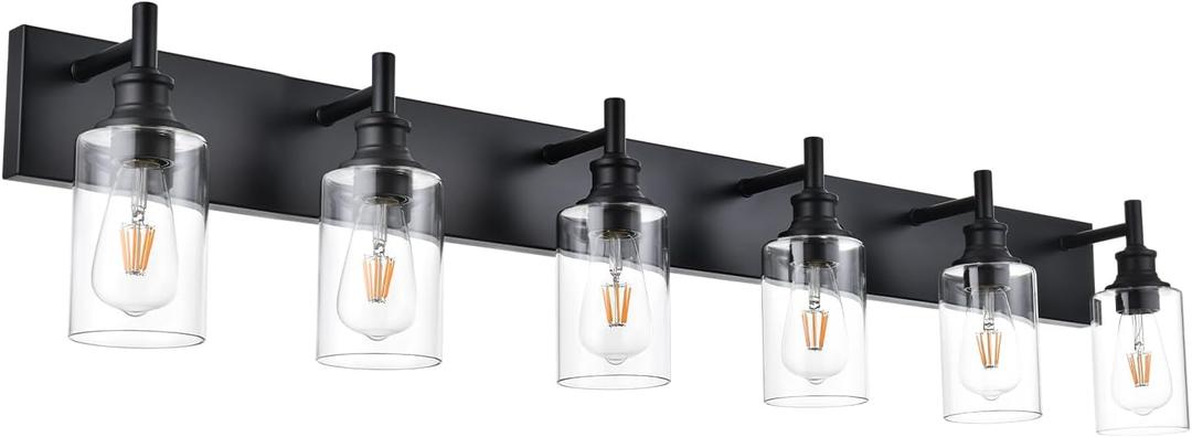 6 Light Bathroom Vanity Lights Black Bathroom Lighting Fixtures Over Mirror with Clear Glass Shades, Farmhouse Wall Sconces Vanity Lighting Fixture for Bedroom Living Room