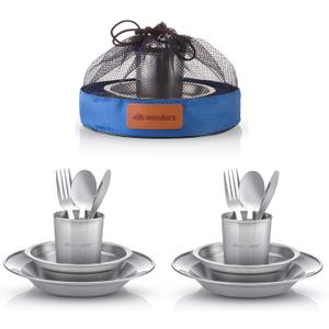 Unique Complete Messware Kit Polished Stainless Steel Dishes Set| Tableware| Dinnerware| Camping| Includes - Cups | Plates| Bowls| Cutlery| Comes in Mesh Bags
