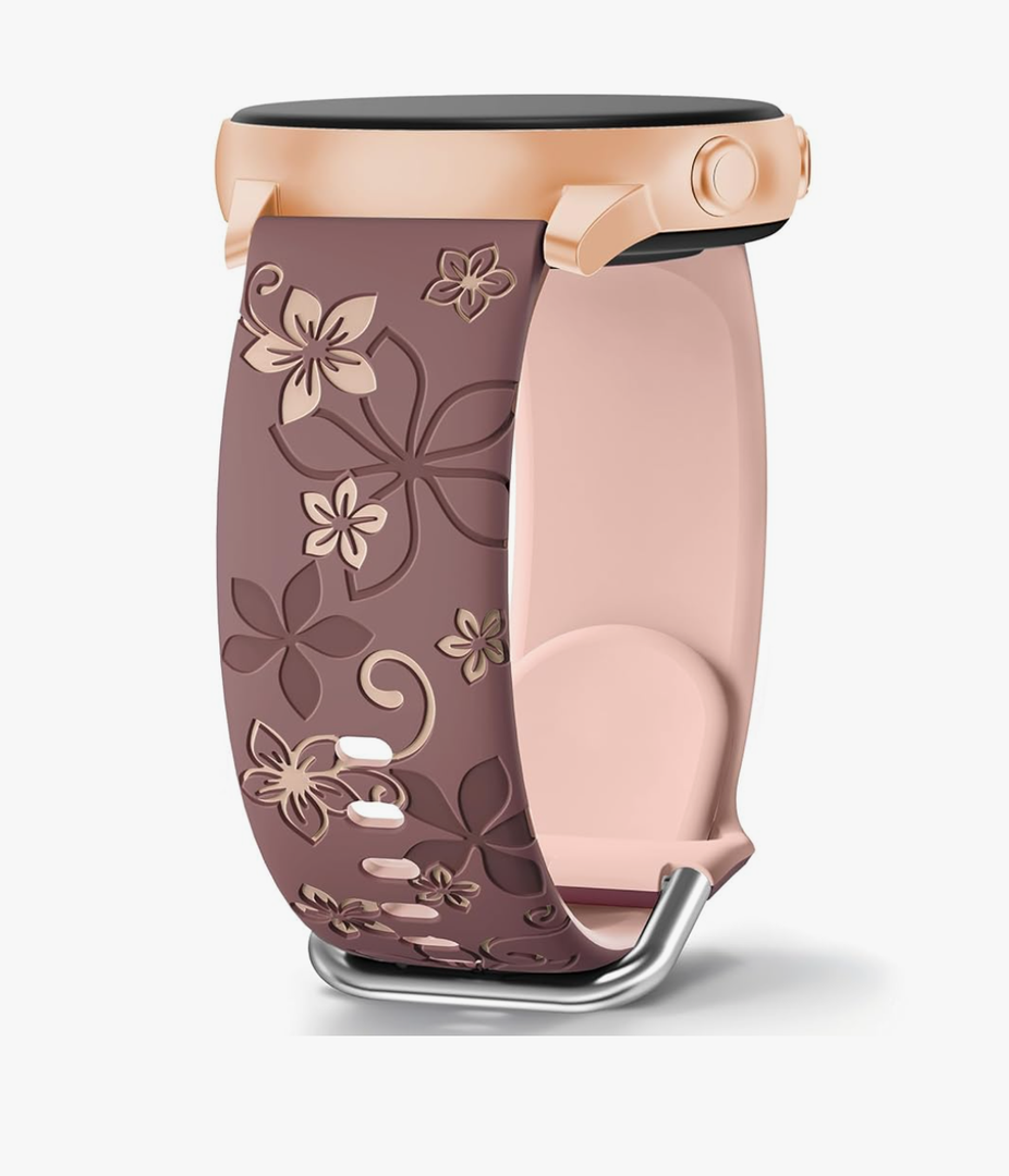 Floral Engraved Bands Compatible with Samsung Galaxy Watch 7 FE 6 5 4 40mm 44mm,Galaxy Watch 5 Pro 45mm,Watch 4 Classic, Active 2 Band,Galaxy Watch 3,20mm Soft Silicone Two-Tone Watch Strap Women