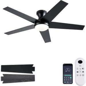 Ceiling Fans with Lights, 48 inch Low Profile Ceiling Fan with Light and Remote Control, Flush Mount, Reversible Motor, Dimmable, Noiseless, Black Ceiling Fan for Bedroom, Indoor/Outdoor Use