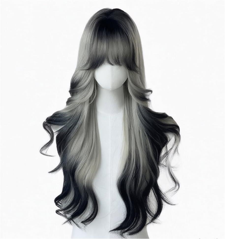Black White Ombre Long Wavy Wig for Women Lolita Synthetic Curly Hair Wig with Bangs Natural Looking Heat Resistant Wigs for Daily Use
