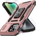 DEERLAMN Case for iPhone 13/iPhone 14 6.1-Inch with Slide Camera Cover+Screen Protector(2 Packs),Rotated Ring Kickstand Military Grade Shockproof Protective Cover-Rose Gold