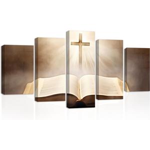 CXHOSTENT Jesus Canvas Wall Art 5 Piece Holy Bible and Cross Pictures Prints God Poster Christian Spiritual Paintings for Office Prayer Room Decor (Jesus-1, 16"x24"x2, 16"x32"x2, 16"x40"x1)