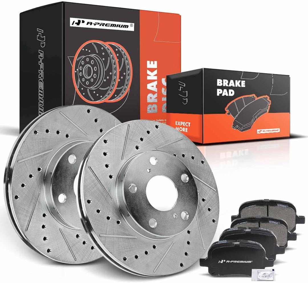 A-Premium 10.83 in (275 mm) Front Drilled and Slotted Disc Brake Rotors + Ceramic Pads Kit Compatible with Select Toyota and Lexus Models - ES300 & Camry 97-01, Avalon 98-04, Solara 99-03, 6-PC Set A-Premium 10.83 in (275 mm) Front Drilled and Slotted Disc Brake Rotors + Ceramic Pads Kit Compatible with Select Toyota and Lexus Models - ES300 & Camry 97-01, Avalon 98-04, Solara 99-03, 6-PC Set