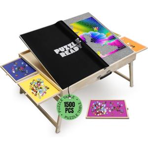 Puzzle Ready 1500-Piece Wooden Jigsaw Puzzle Table - 27" x 36" Foldable Portable Puzzle Board Design with Short Legs, 4 Colorful Drawers, 3 Adjustable Angles & Cover Mat - Fits 1000-1500 Piece Jigsaw