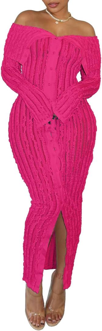 Womens Sexy Off Shoulder Maxi Dress Pleated See Through Flare Sleeve Button Down Slit Bodycon Long Dresses (XX-Large, Rose Red)