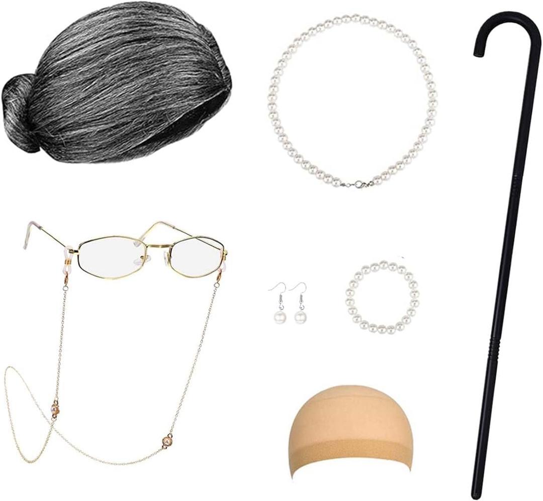 Old Lady Costume for Kids Women Grandma Wig Kids Old Lady Wig and Glasses, Granny Wig Old People Walking Cane, Faux Pearl Bead Necklace Grandma Costume for 100 Days of School Costume Parties (Grey Bun)