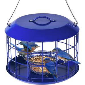 Kingsyard Bluebird Feeders for Outdoors Hanging, All Metal, Cage Mealworm Bird Feeder with Tray, Squirrel Proof & Weatherproof, Easy to Refill & Clean (Blue)