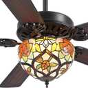 52" Tiffany Ceiling Fans with Glass Shade - Black Low Profile Ceiling Fan Chandelier with 5 Reversible Blades, 3CCT Dimmable, Indoor and Outdoor Antique Fan Light Fixture, Retro, Farmhouse (Tiffany-8605)