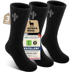 Alpaca Socks for Men and Women, Heavyweight Thermal Thick Warm Alpaca Wool Boot Sock for Hunting, Hiking, Moisture Wicking (Large, (3pairs)-black)