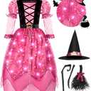 Spooktacular Creations Girls Witch Costume, Light up Witch Costume Kids, Starry Dress for Child Halloween Role Play Parties (Small(5-7 yrs), Pink)