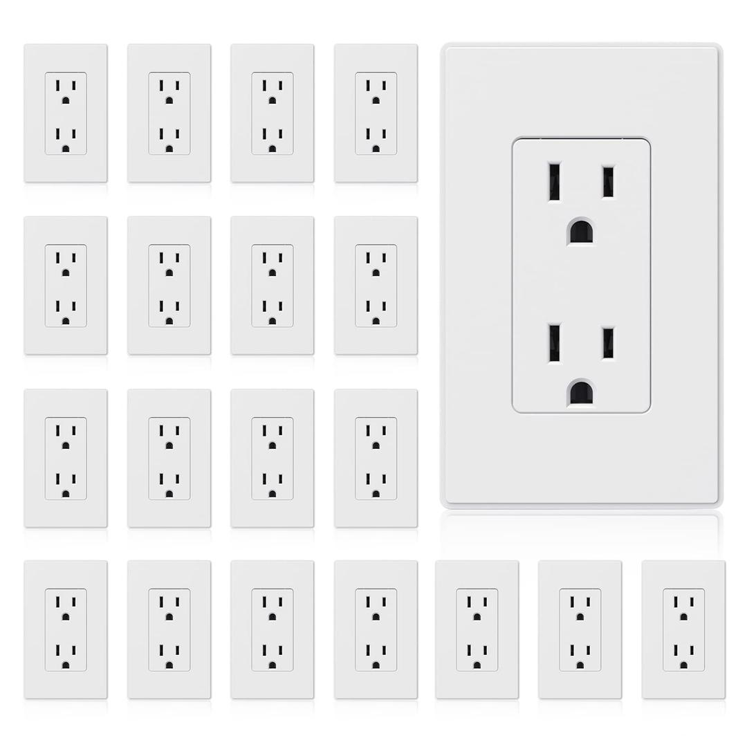 ELEGRP Matte White Standard Decorator Electrical Wall Receptacle Outlet, 15A 125V, 2 Pole 3 Wire, Non-Tamper Resistant, NEMA 5-15R, Self-Grounding, Wall Plate Included, UL Listed, 20 Pack