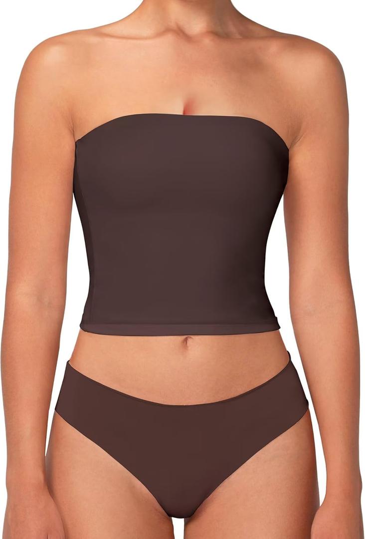 Sunzel Womens Strapless Sexy Tube Top Double Lined Sleeveless Crop Top Summer Basic Bandeau Tops for Layering or Going Out (Medium, Seal Brown)