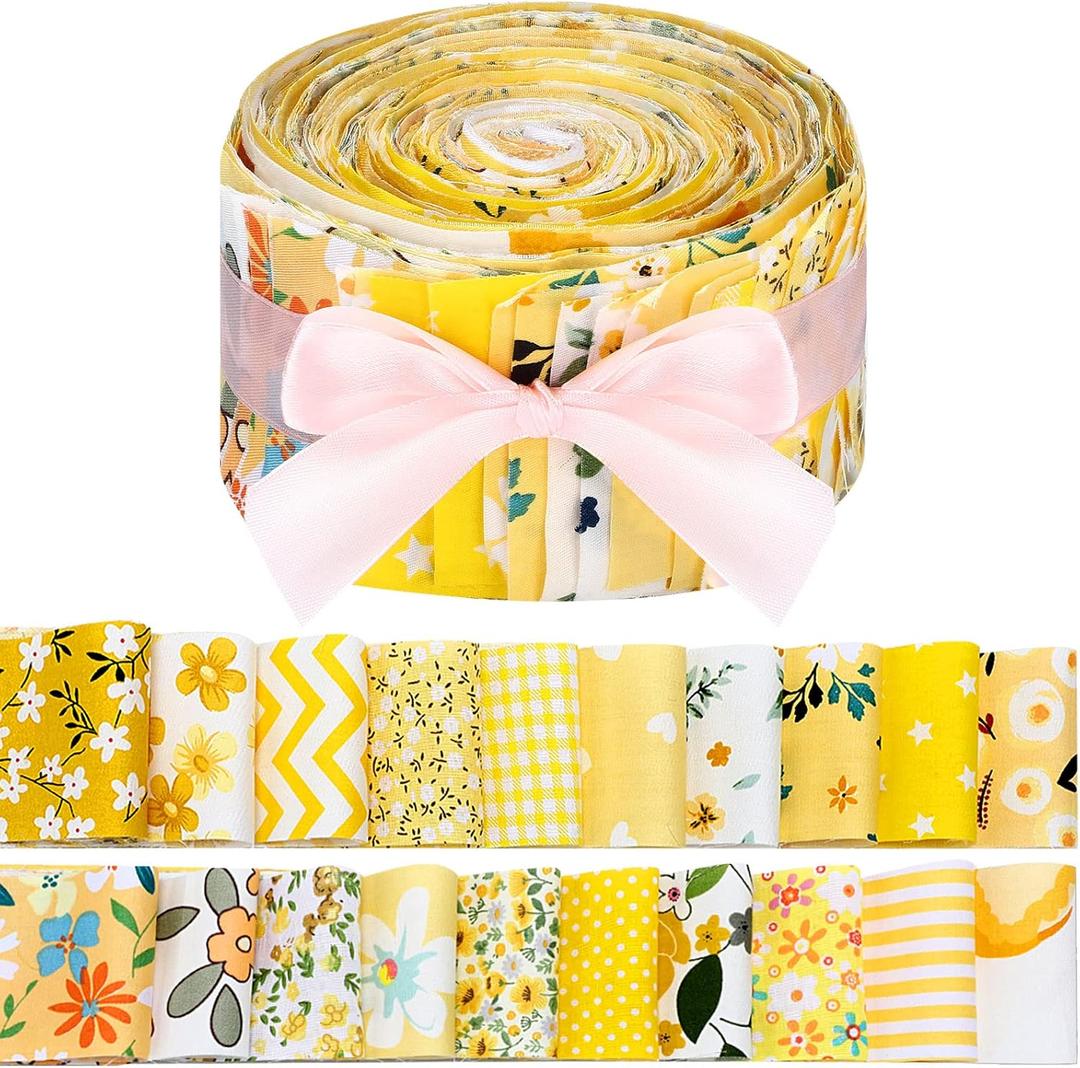 Hosuly 40 Pcs Yellow Floral Fabric Spring Jelly Fabric Quilting Patchwork Roll Yellow Quilting Strips 2.55 Inch Precut Patchwork Roll for Craft Sewing DIY Crafts