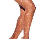LUCKELF Sexy High Waist Tights Sparkle Rhinestone Fishnets Party Rhinestone Mesh Stockings (Natural)