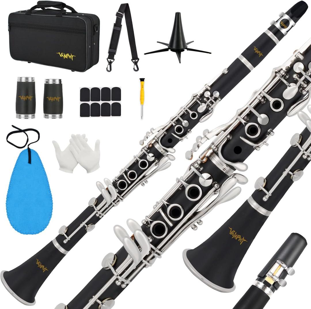 Bb Clarinet For Beginners Students B Flat Clarinet 17 Keys Clarinets with Case Stand Strap 2 Barrels 8 Mouthpiece Cushion White Gloves(Black)