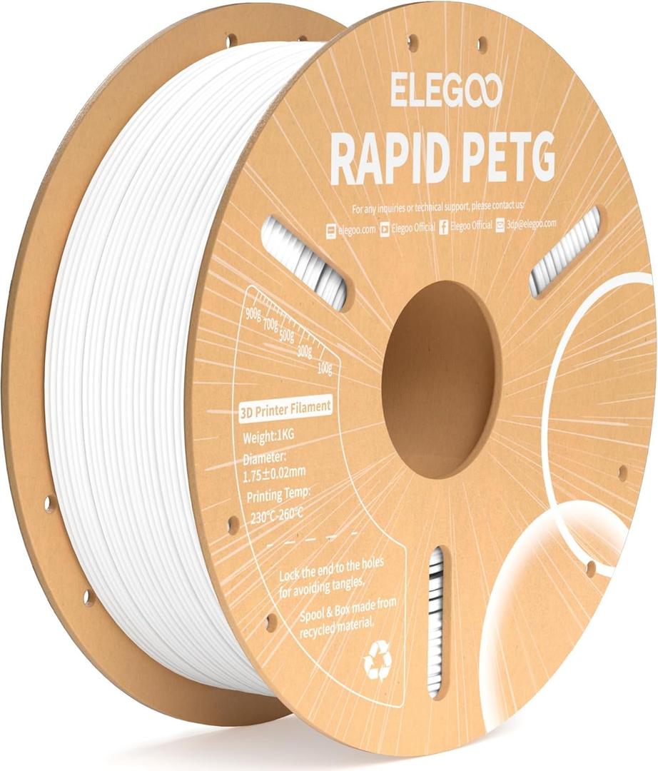 ELEGOO Rapid PETG Filament 1.75mm White 1KG, High Speed 30-600mm/s 3D Printer Filament Dimensional Accuracy +/- 0.02 mm, 1kg Cardboard Spool(2.2lbs) Fits for Most FDM 3D Printers (1kg White)