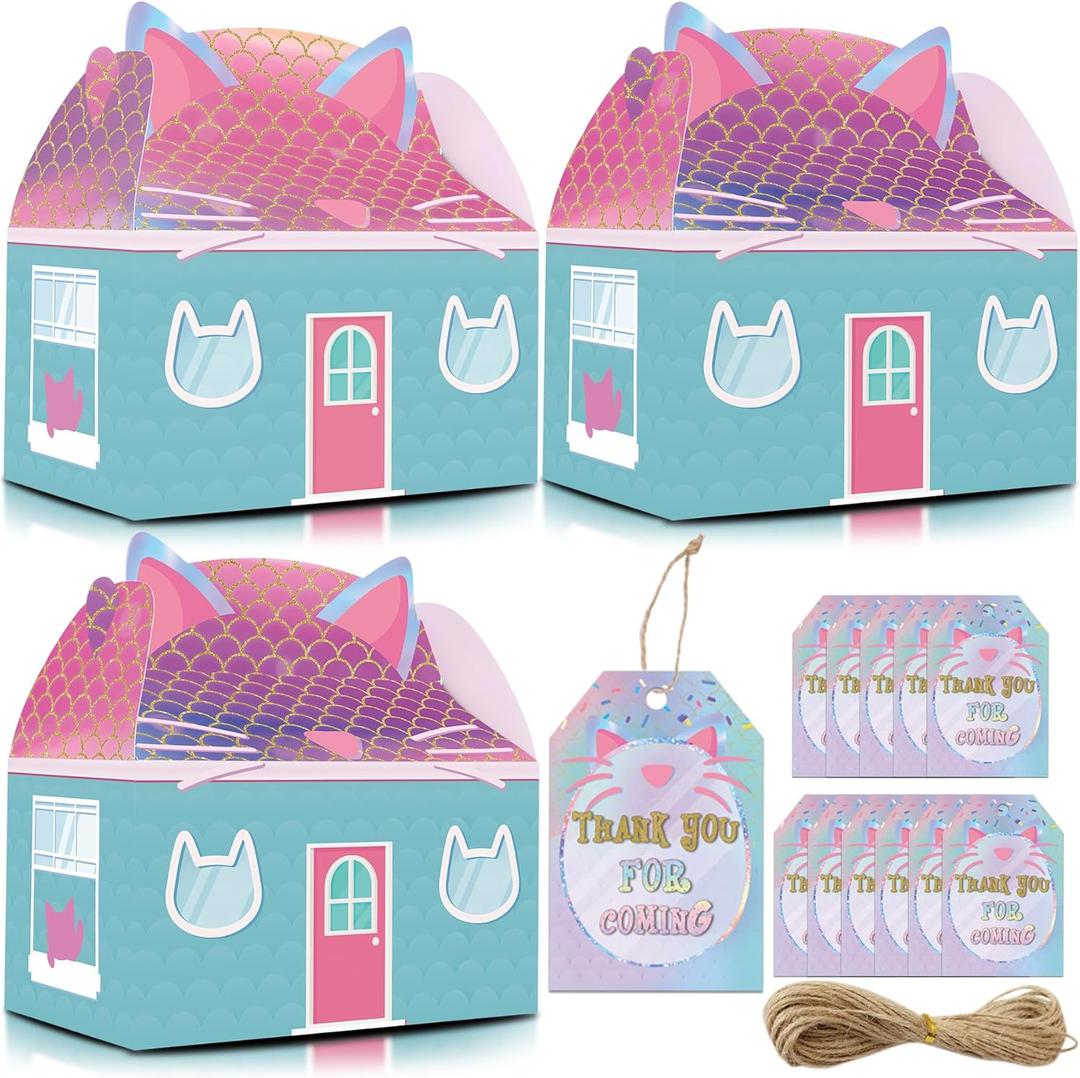 HOMEZZO 12 Pcs Cat House Themed Party Favor Boxes with Tags and Twine, Cute Gradient Design for Kids' Birthdays and Baby Showers