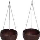 Hanging Basket Plastic Flower Pot Round Resin Garden Hanging Planter for Indoor Outdoor Plants, 2 Pack Brown (8 Inch Brown)