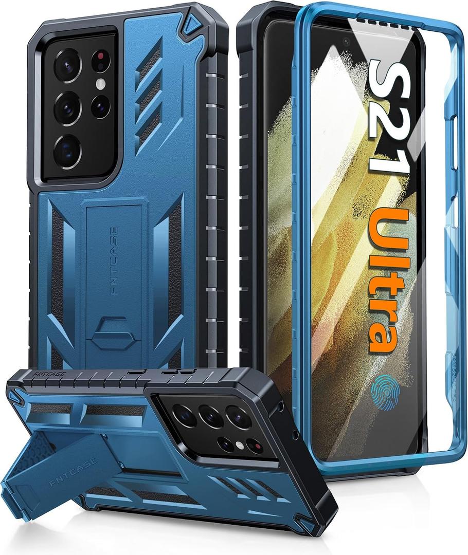 FNTCASE for Samsung Galaxy S21-Ultra Case: Military Grade Rugged Cell Phone Cover with Kickstand | Shockproof TPU Protection Bumper Matte Textured Design for Samsung S21 Ultra Cases 6.8 inches(Blue)