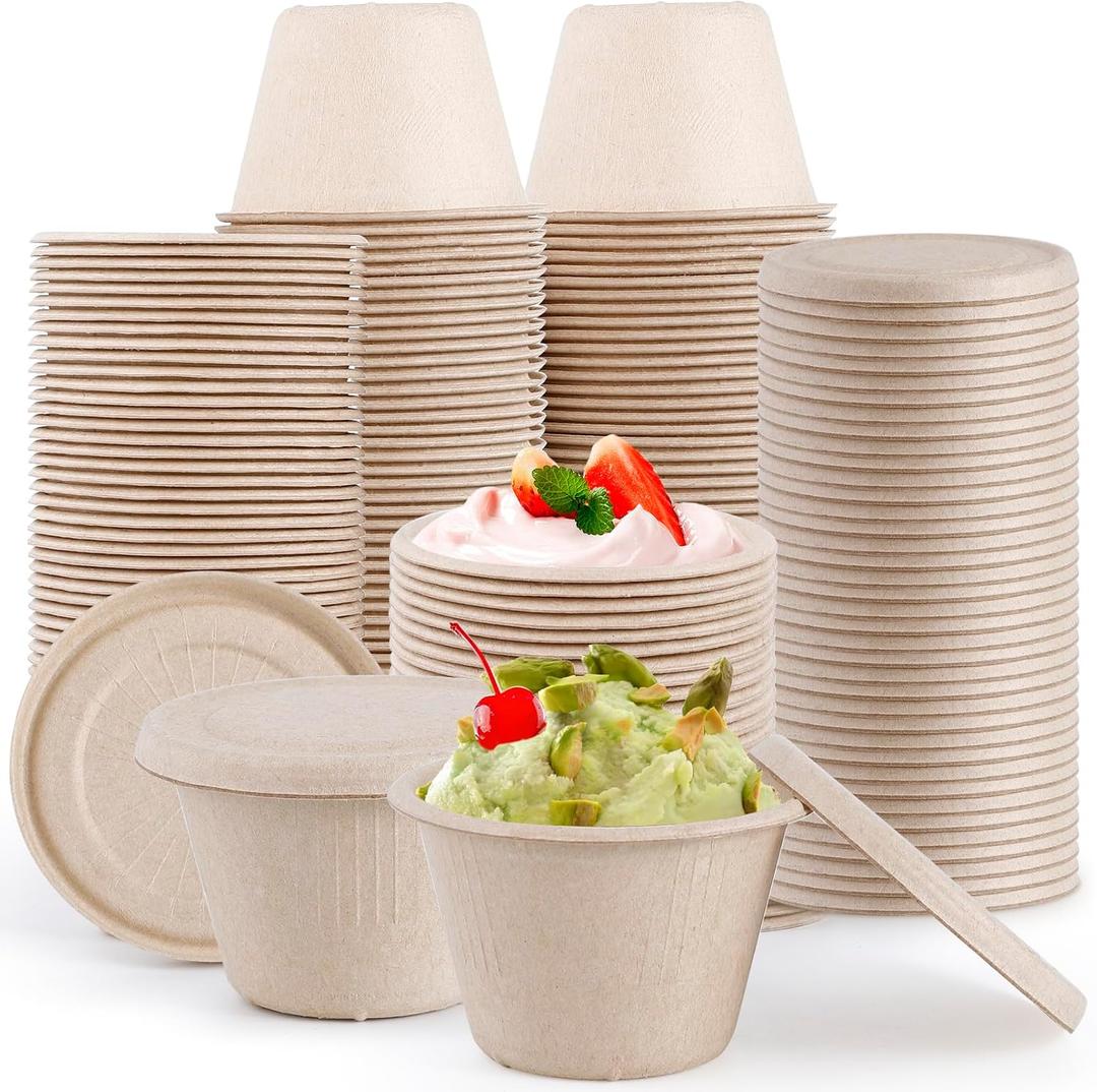 100 Pack Natural Bagasse Fiber Bowls with Lids, 4 oz Condiment Cup, Compostable Portion Cups, Bagasse Fiber Souffle Cup, Small Sample Cups for Snack Salad Dressing Ketchup