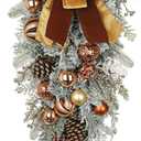 30" Christmas Teardrop Swag for Front Door Artificial Winter Swag Garland with Pine Cones, Berry Clusters, Bronze Ball Ornaments and Ribbons for Thanksgiving Holiday Christmas Decoration