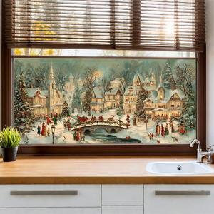 Window Privacy Film 39x17 Inch Vintage Christmas Village Snow Scene Design Peel and Stick Static Cling Decorative Window Film for Holiday Living Room Glass Door (Colorful Window#04)