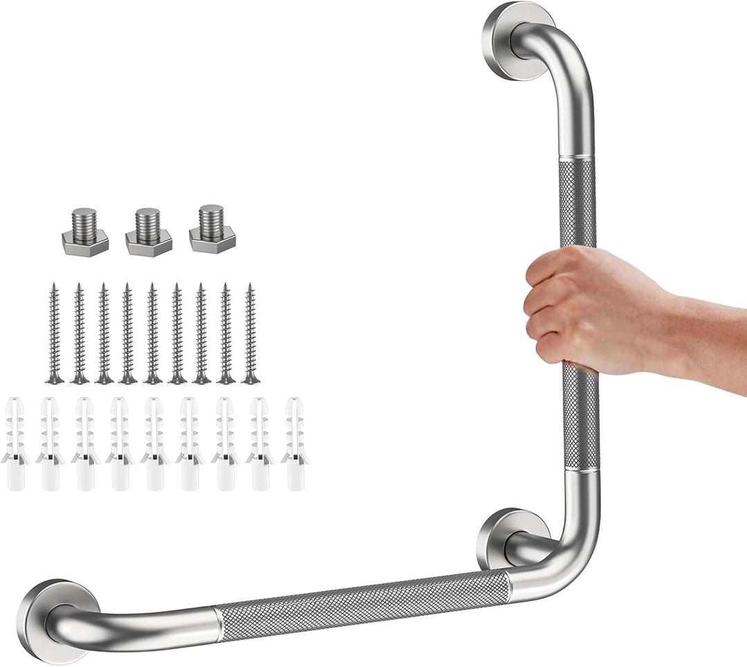 Angled Grab Bar 16x16 Inch Stainless Steel Knurled Toilet Handles Wall Mounted Bathroom Handicap Safety Rails for Elderly Injured Balance Support, L-Shaped Brushed Nickel Grab Bar for Shower