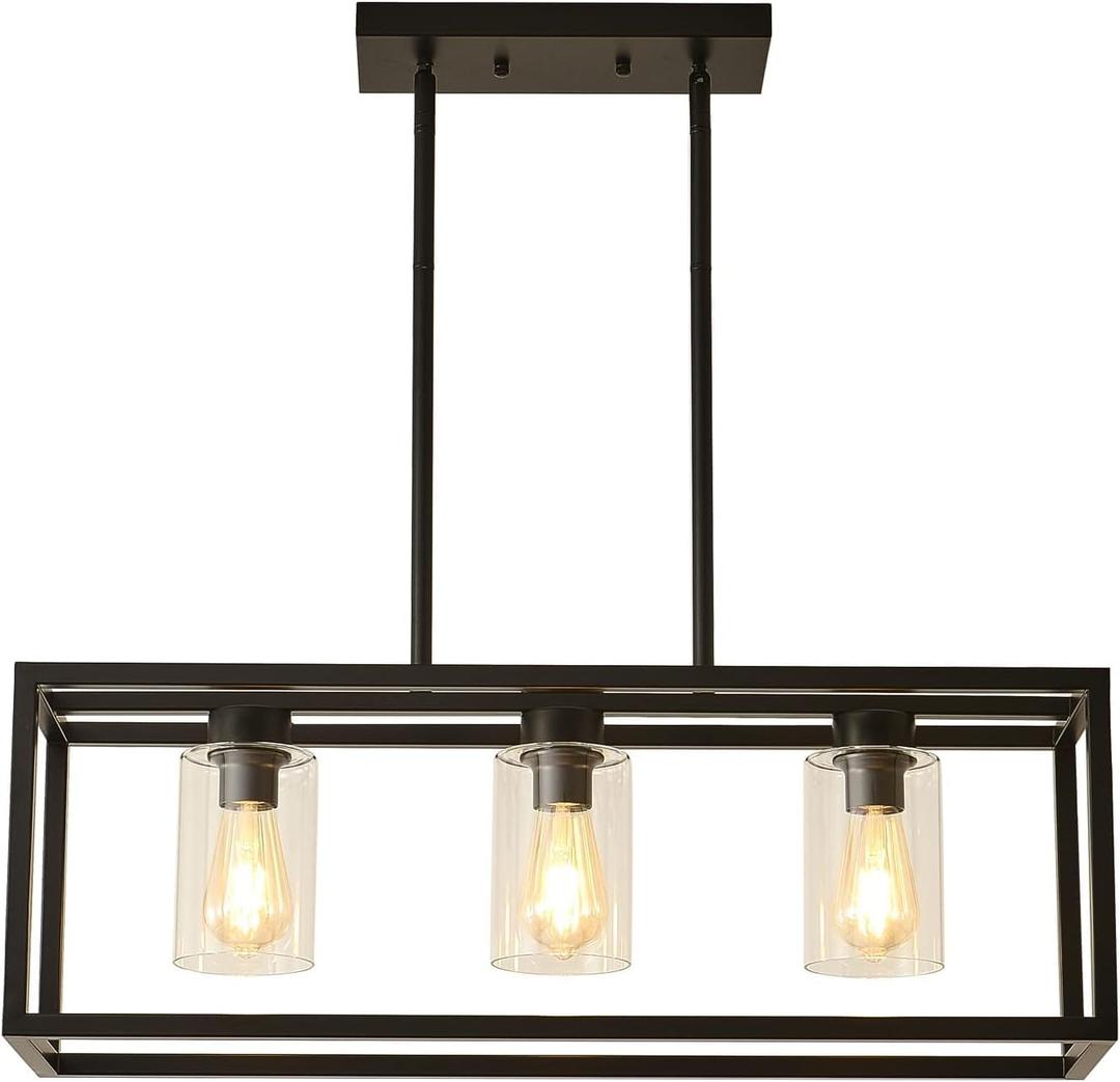 Farmhouse Dining Room Light Fixture Kitchen Island Pendant Lighting Rectangle Black Dining Room Lighting Fixture Modern Pendant Contemporary Chandeliers with Glass Shade Adjustable