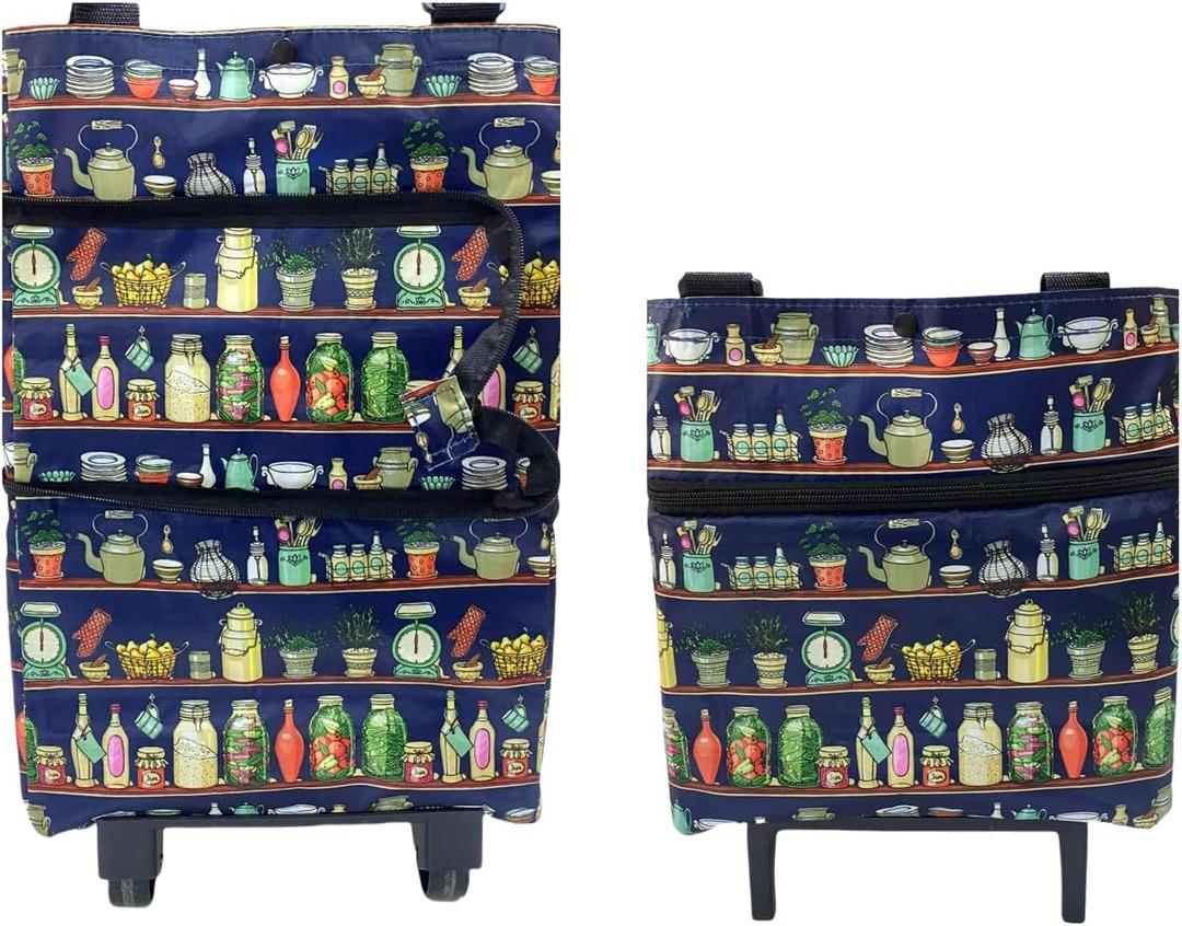 2 in 1 Folding Grocery Shopping Cart with Wheels Foldable Utility Wagons Collapsible Carts for Camping Trips, Reusable Folding Bags for Groceries,Retail Shopping,Carrito para Cargar Cosas con Ruedas (Dark Blue)