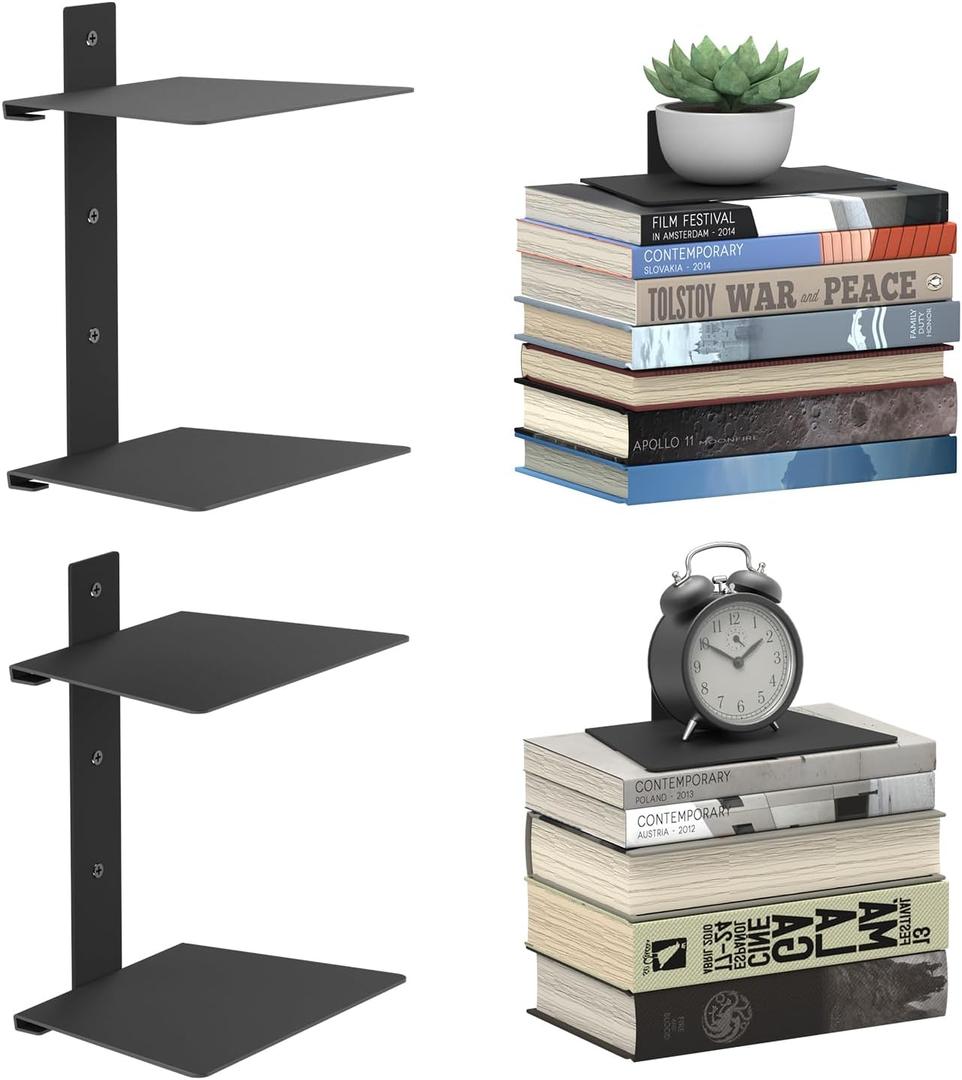 Mefirt Invisible Floating Bookshelves for Wall, 4 Tier Vertical Spine Book Tower, Heavy Duty Floating Book Shelves Black Metal Book Organizers for Home Office, 2 Pack(Black)