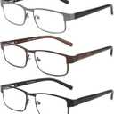 JJWELL 3 Pack Blue Light Blocking Metal Reading Glasses for Men, Anti Computer Glare/Reduce Eyestrain/Dry/Headache, UV Blocking Spring Hinge Readers (Gunmetal Black Brown, 1.75 x)