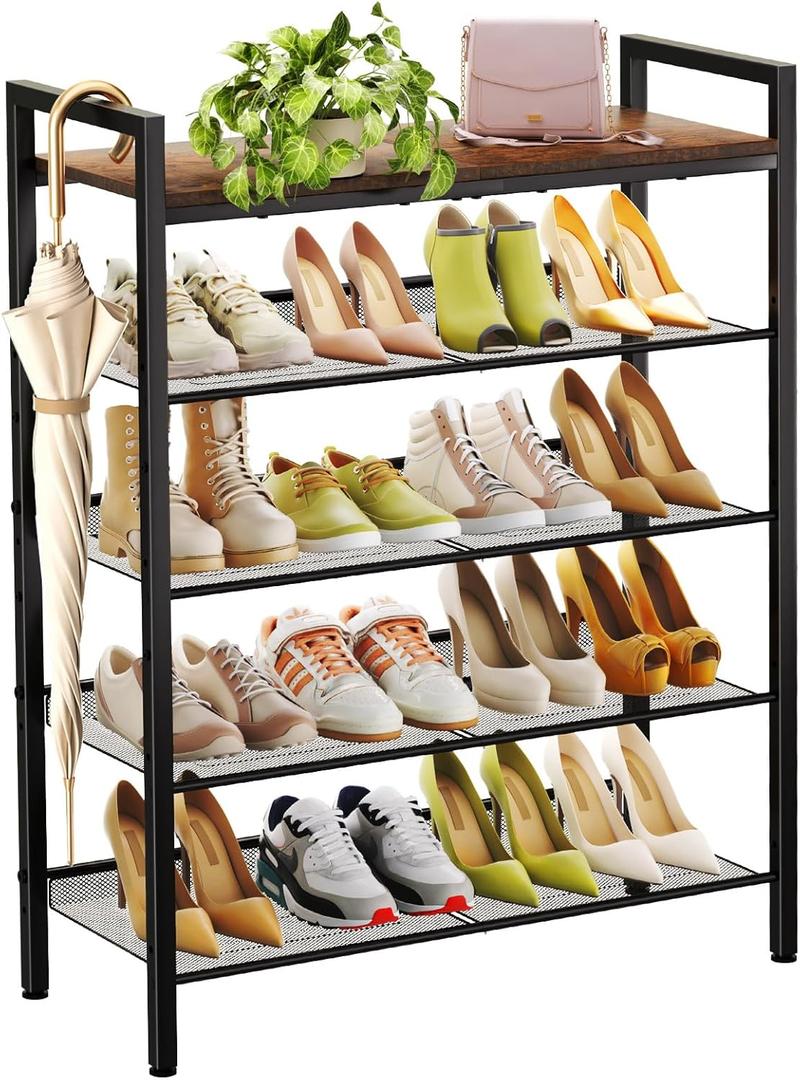 WIN4ALL Shoe Rack for Front Door Entrance, 5 Tier Shoe Rack for Entryway, 1620 Pairs of Shoes, Metal Shoe Rack Organizer, Free Standing Shoe Rack for Closet (Black+Rustic Brown)