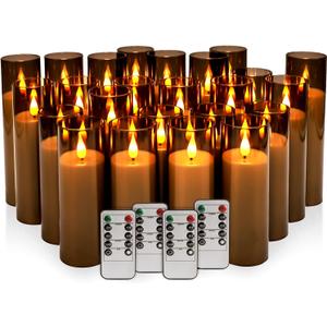 24 Pack LED Gray Flameless Candles with Remote, 3D Flickering Battery Operated Candles in Glass Holders, Safe for Weddings, Parties, Home and Outdoor Decor.