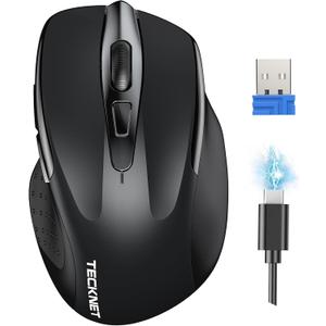 TECKNET Wireless Mouse Rechargeable, 2.4G USB-A Silent Mouse, Quiet Click, 6 Adjustable 4800 DPI, Cordless Computer Mice, Ergonomic Mice for Laptop, 6 Buttons for Chromebook, Ergo Grip - Black