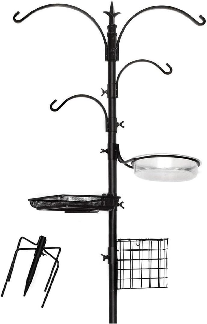 Ashman Deluxe Premium Bird Feeding Station, 22" Wide x 91" Tall with 5 Prong Base, Top Hook, Two Small Arms and Water Dish Bird Feeder Stand (Pack of 1) (Bird Station 5 Prongs with Suet Feeder)