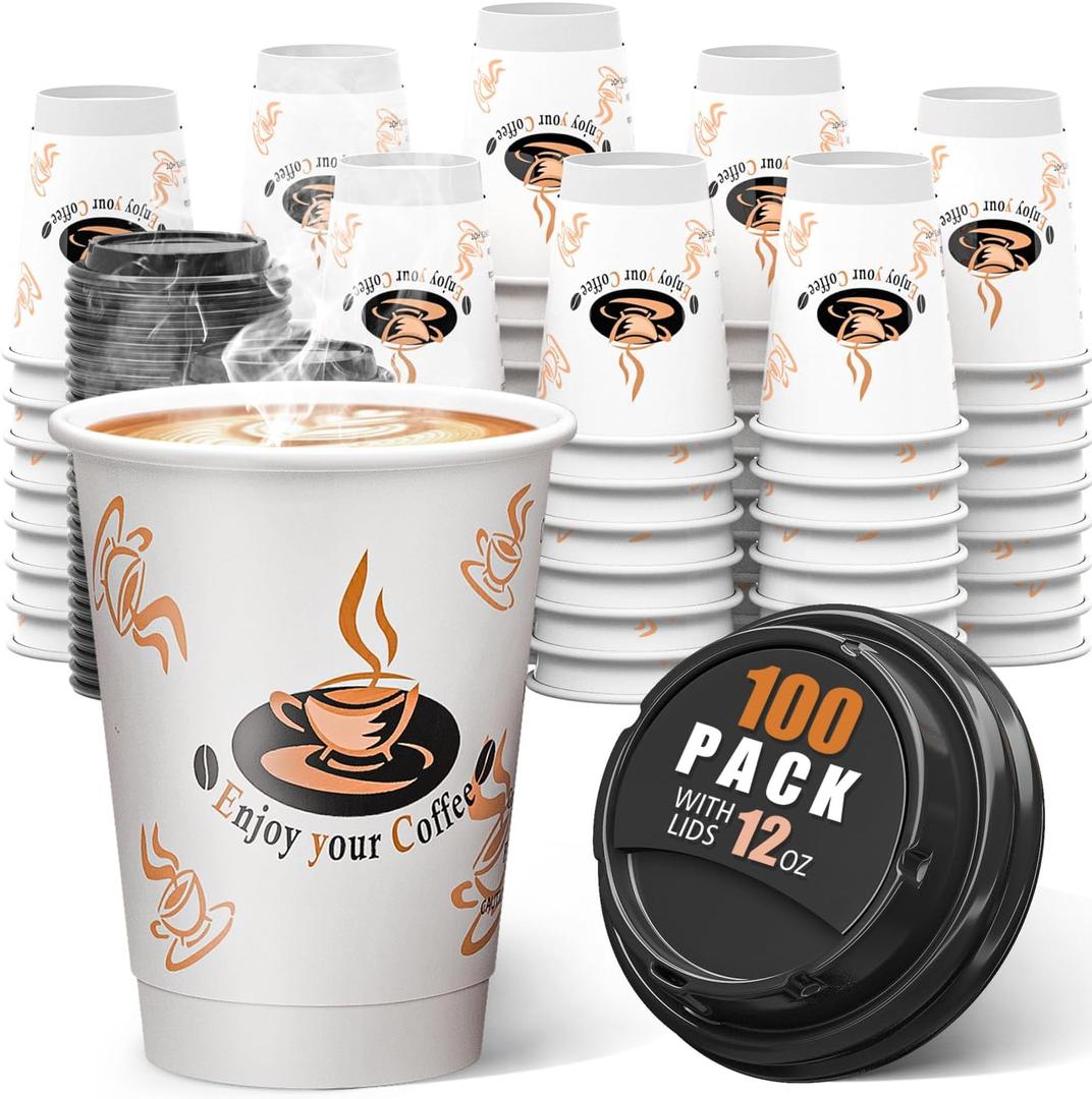 Qunclay 100 Pack 12 oz Double Wall Disposable Paper Coffee Cups with Lids, Insulated To Go Coffee Cup, Hot Drinking Cups for Daily use