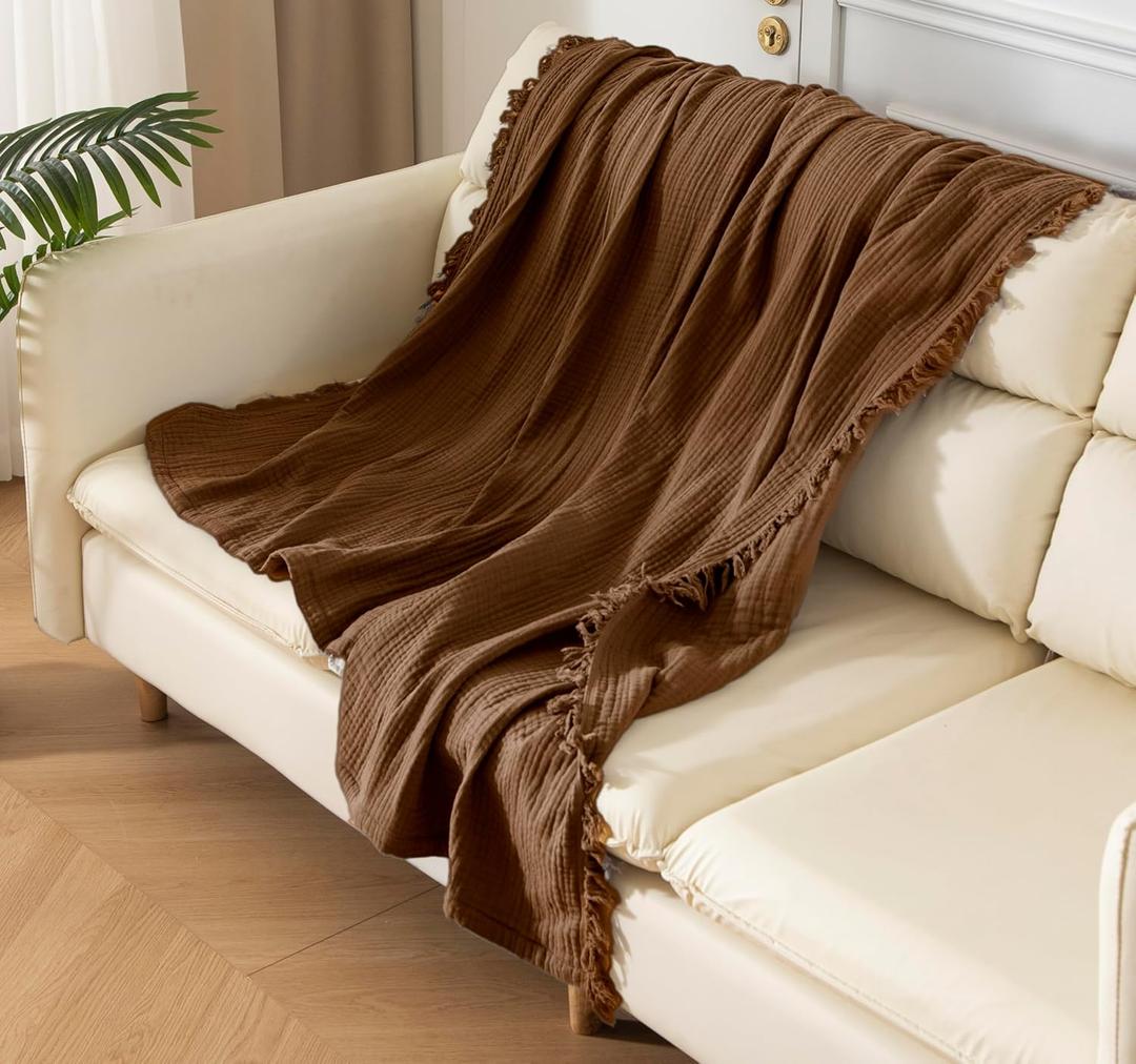 KyraHome 100% Organic Cotton 50"x60" Cotton Throw Blanket for Adult, Kid, Pre-Washed Plant Dyed, Breathable Lightweight Gauze Muslin Blanket for Summer, All-Season (Brown/Mocha)