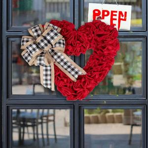 Valentine Decor 15.7" Heart Shaped Red Valentine Wreath for Front Door with Plaid Bow, Durable Plastic, Perfect for Valentine's Day