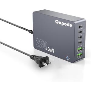 220W USB C Charger Block, 6-Port GaN USB C Charging Station PD 100W PC Laptop Fast Charger Adapter Compatible with iPhone 17, Galaxy 25, MacBook,ipad and More Devices(Gray)