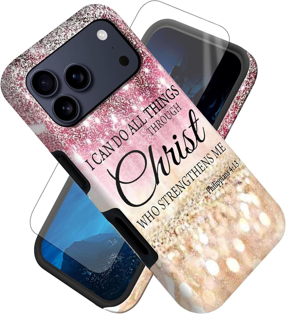 FUYOCWE for iPhone 17 Pro Max Case,I can do All Things Through Christ Cover w/Side Pattern,Screen Protector + Hybrid Slim Dual Layers Soft Inner & Hard Case for iPhone 17 Pro Max 6.9"