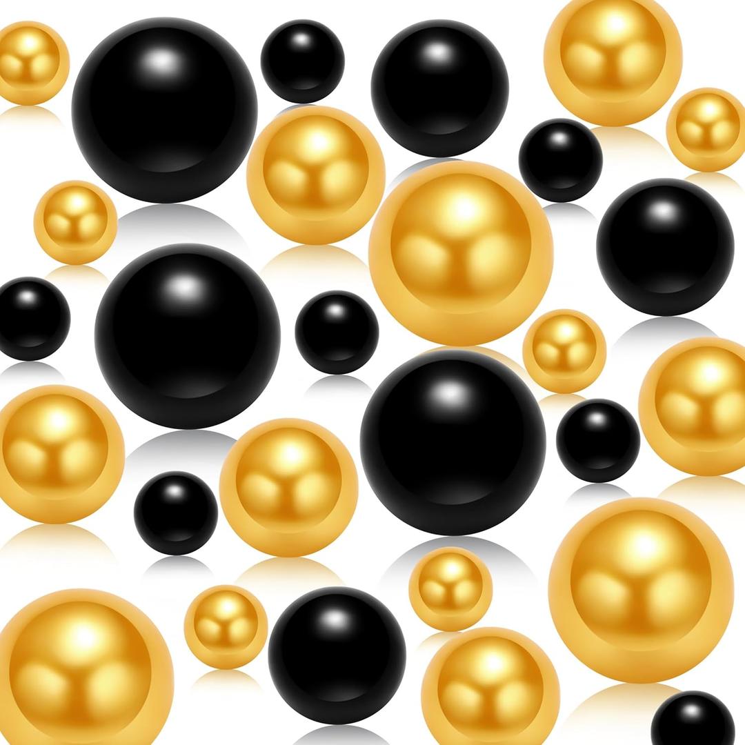 ZHIYUXI 240Pcs Vase Filler Beads Black Pearls Gold Beads 8/14/20mm Gold Vase Fillers for Centerpieces Home Decor Non-Hole ABS Floating Pearls for Wedding Centerpieces, Candle,Water Beads for Vases