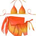 SEGT Women's 3 Piece Swimsuit Triangle Halter Side Tie Thong Bikini Set with Cover Up Skirt (Medium, Orange Multi)
