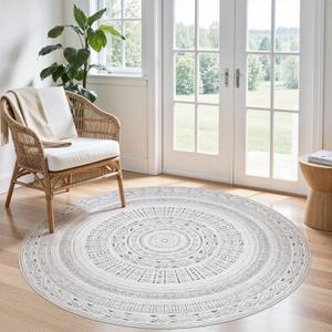 cotiled 5x5 Round Area Rug Living Room: Washable Boho Rugs with Non Slip Backing Large Soft Indoor Stain Resistant Carpet for Bedroom Farmhouse Dining Room Lightweight Home Decor Dark Grey