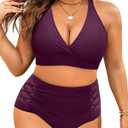 Yonique Womens Plus Size Bikini High Waisted Swimsuits Two Piece Bathing Suits Tummy Control Swimwear (Purple, M)