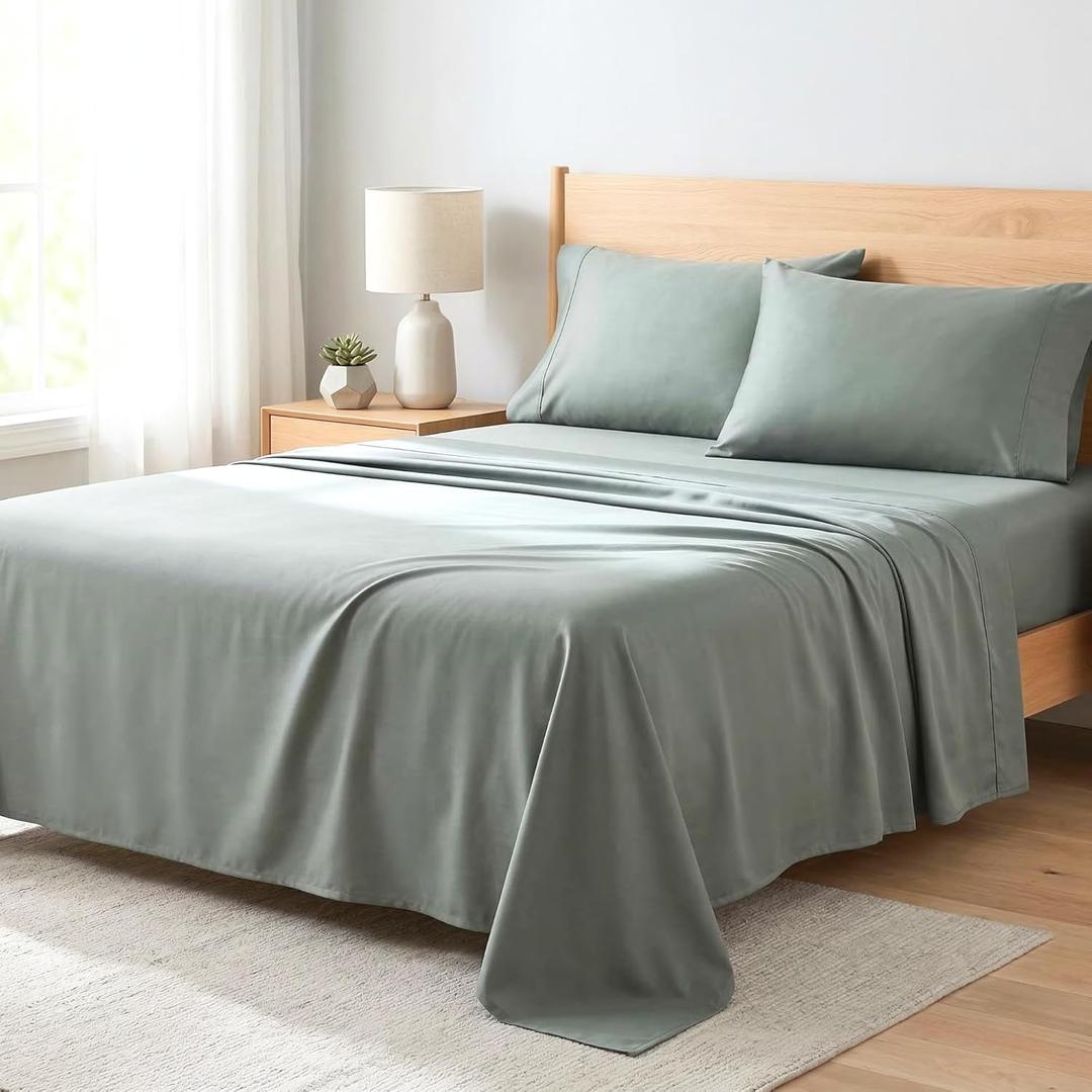 Beckham Hotel Collection Sheets Set King Size, 100% Cotton Sateen Fabric, Silky Smooth & Soft, Cool Touch, 16 Deep Pocket, 4-Piece, Aqua Gray