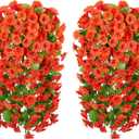 HyeFlora Artificial Fake Fall Hanging Flowers Plants for Outdoor Outside, 2PCS Faux Silk Orange Morning Glory Trailing Vines UV Resistant Look Real for Home Planter Porch Patio